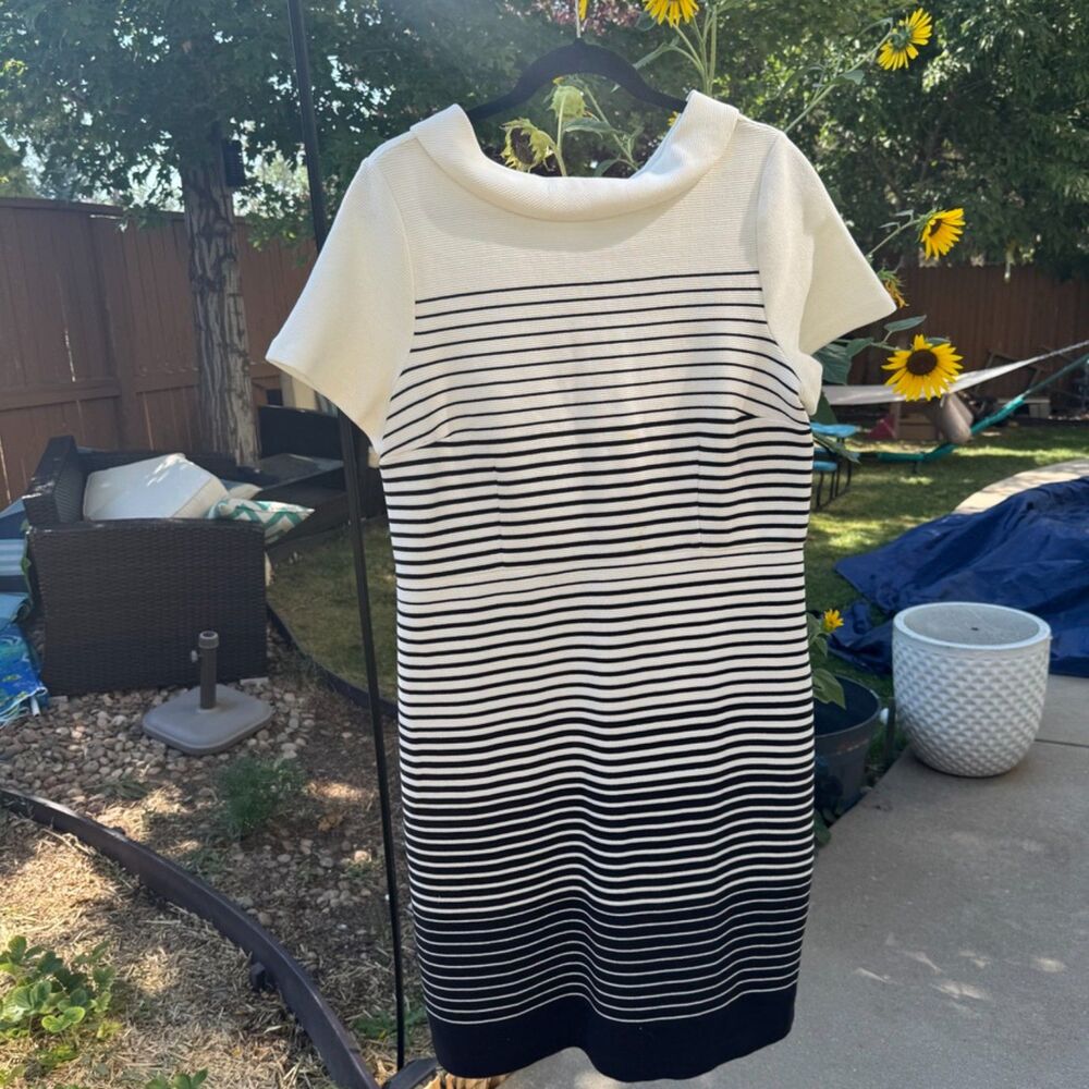 Talbots Black and White Knee-Length Dress Short Sleeve Accent Collar - Picture 8 of 9